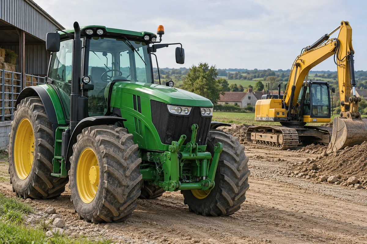 Illustration d’un tracteur et d’un engin de chantier sur un site rural